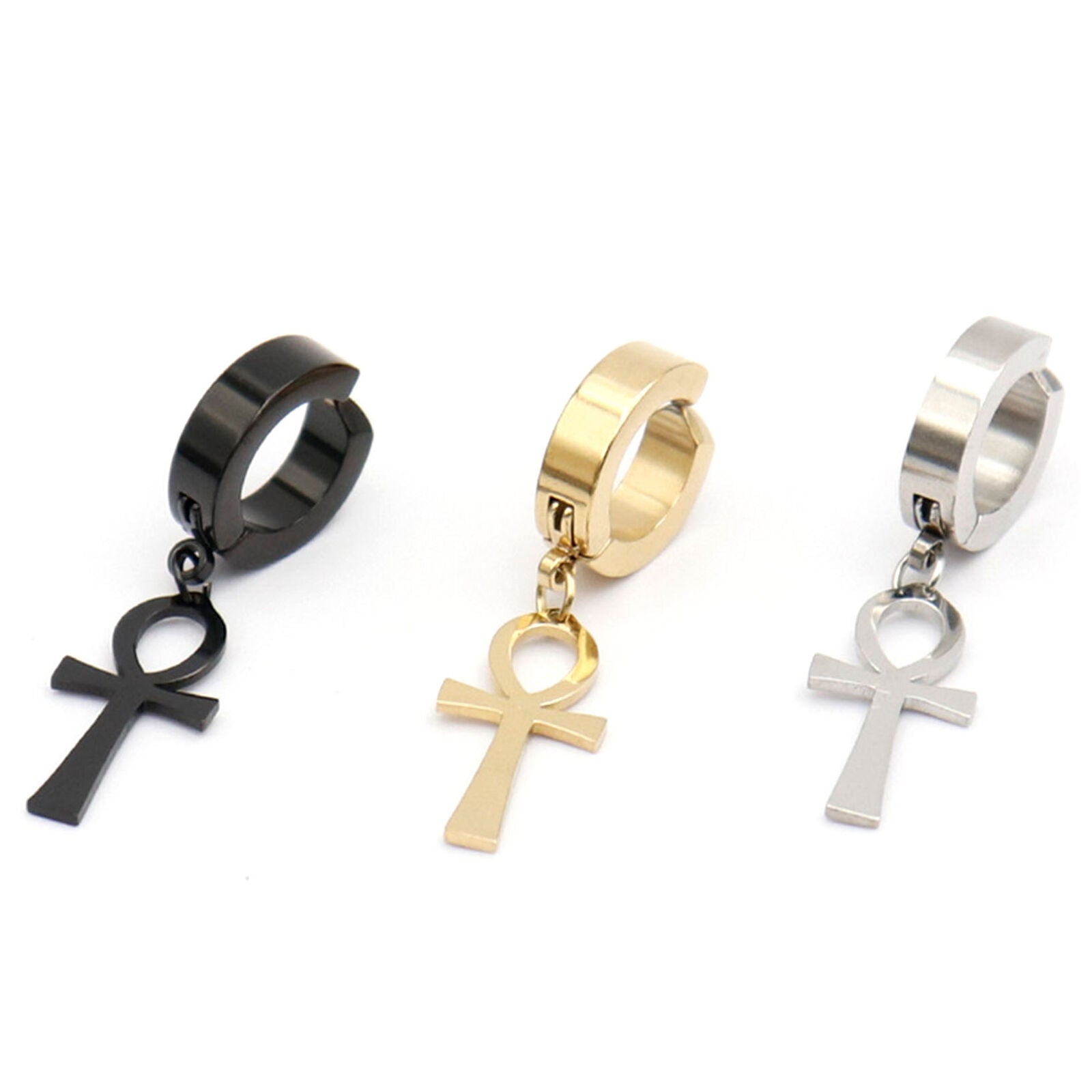 6pcs Men's Women's Stainless Steel Ankh Egypt Cross Drop Dangle Hoop Earrings