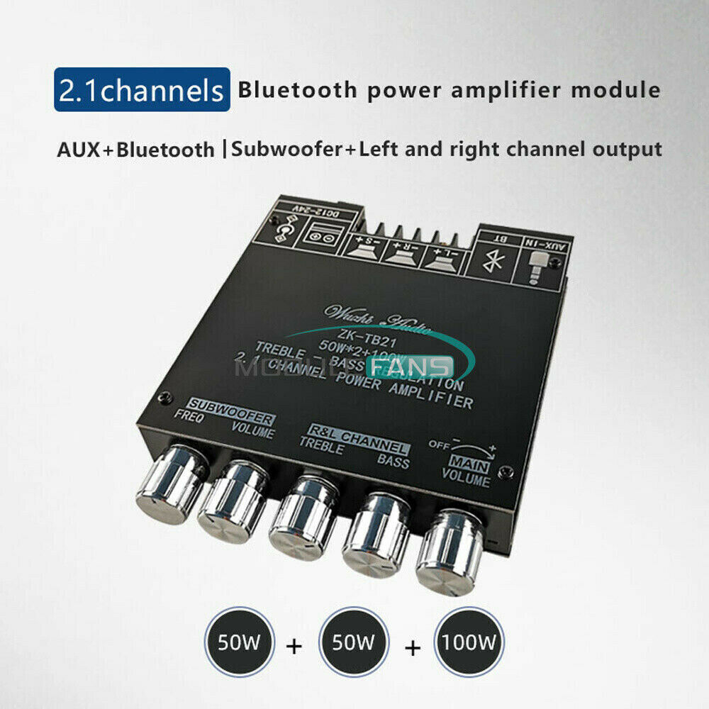 Bluetooth 5.0 TPA3116D Digital Amplifiers Board 2.1 Channel Audio 2*50W+100W AUX