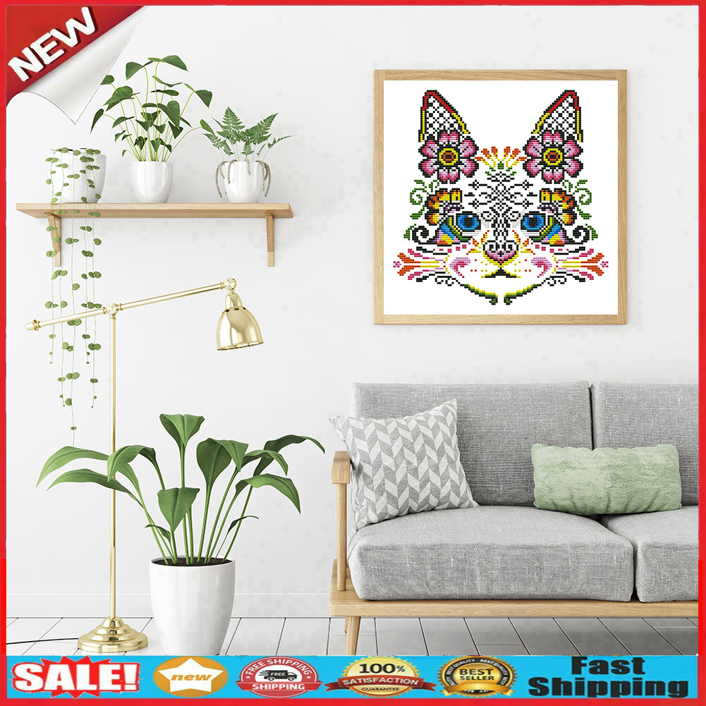 Stamped Print Embroidery Needlework DIY Flower Cat Beaded Cross Stitch Kits @