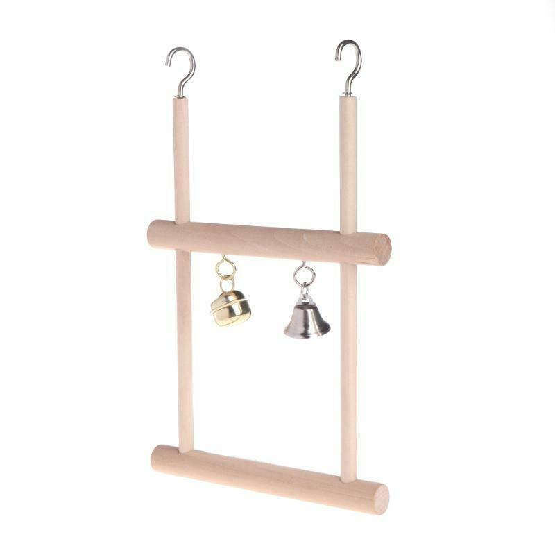 Birds Perch Parrot Toys Stand Holder Natural Wood Swing Bell Cage Hanging Ladder