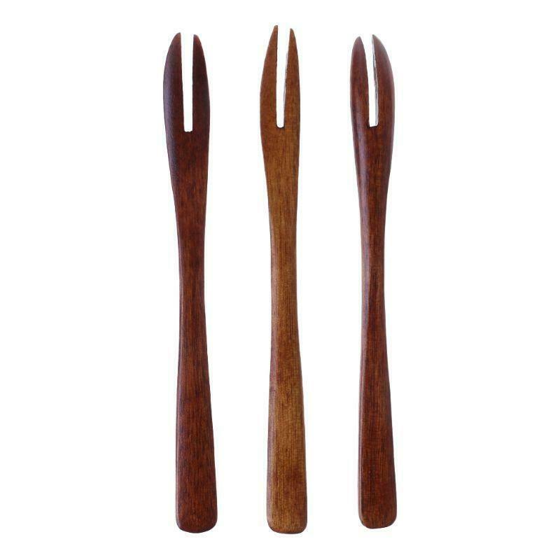 Wooden Dessert Food Fruit Serving Fork Dining Tableware Utensil Tools Cutlery