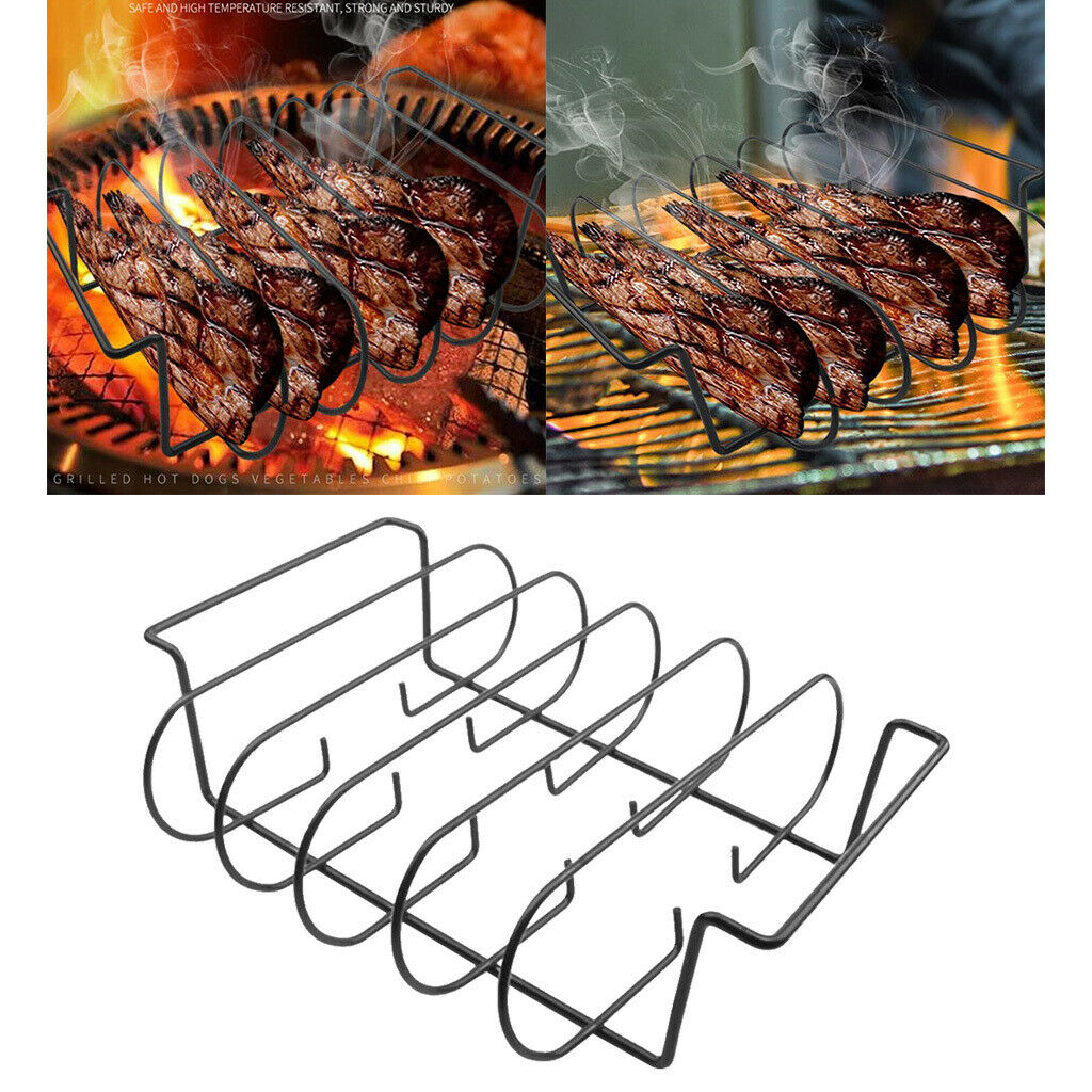 Iron Non-Stick Rib Shelf Holds 4 Ribs for Grilling Barbecuing Chicken Beef