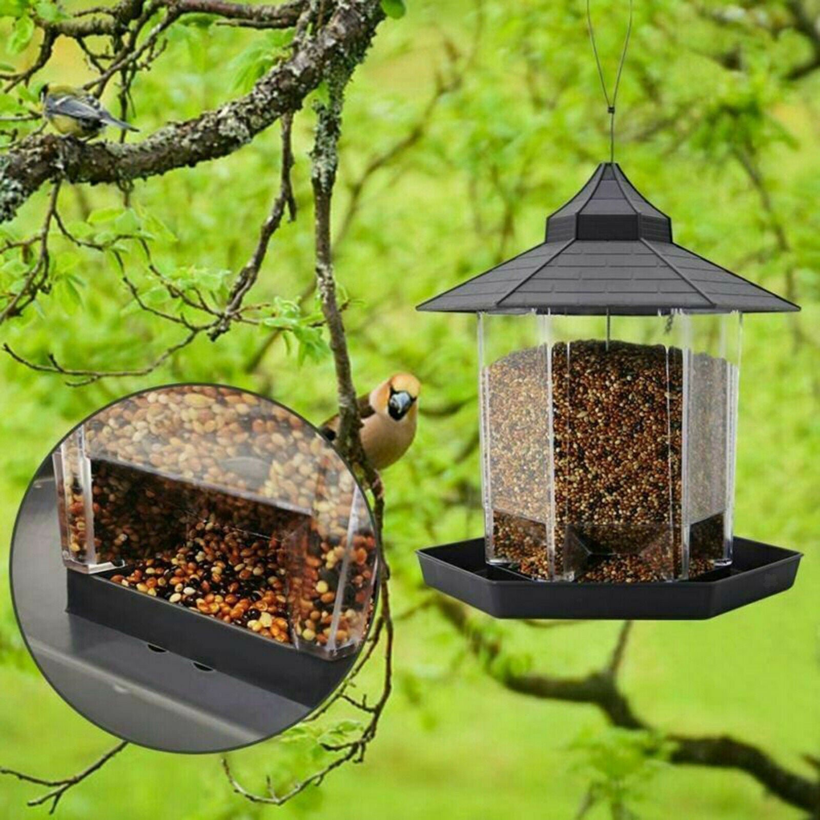 Bird Feeder Hexagon Shaped with Roof Hanging Bird Feeder Garden Yard Decor