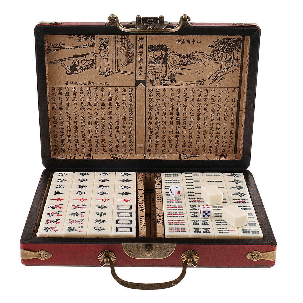 Chinese Mahjong Collectible Majiang Set with Retro Style Case, 3x2.2x1.5cm Tile