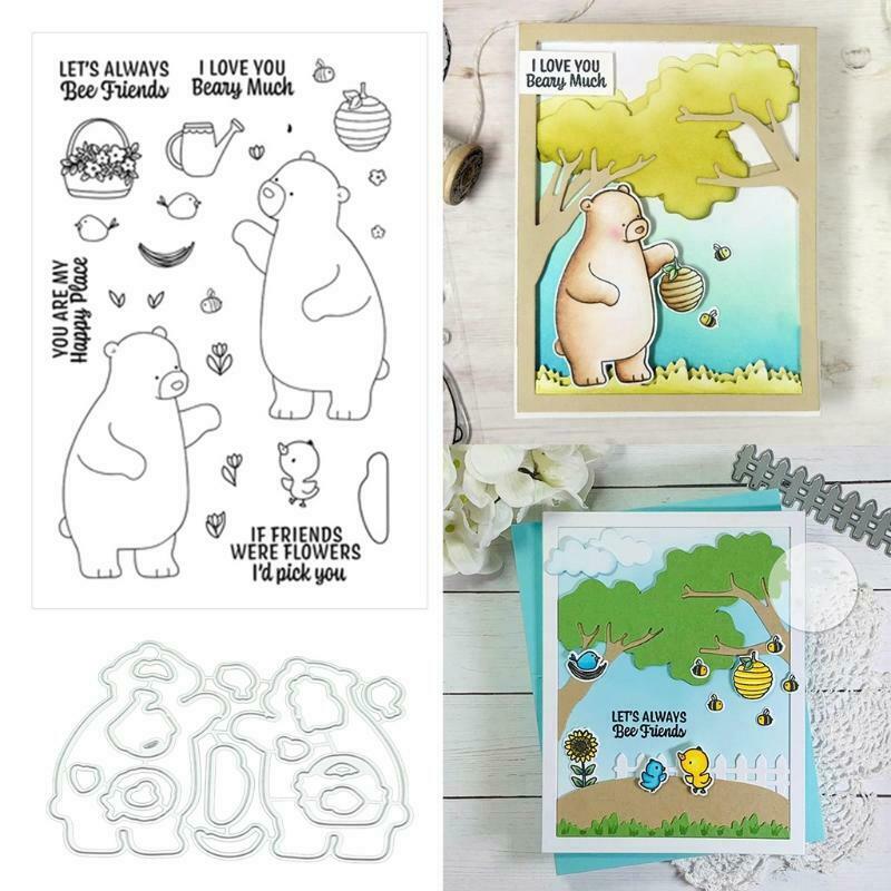 Cute Bear Seal Stamp with Cutting Dies Stencil Set DIY Scrapbooking Embossing