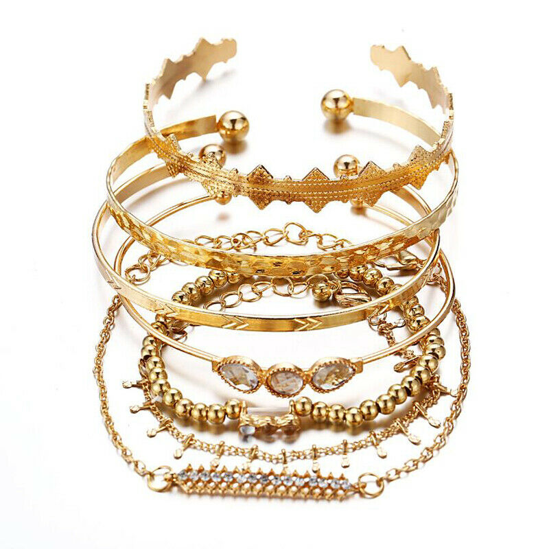 7Pcs/Set Bohemian Retro Crystal Geometry Open Bangle Bracelet Women Jewel.l8