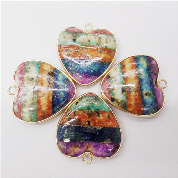 4Pcs Golden Wrapped Rainbow Sea Sediment Jasper Love Heart Pendant Bead HH8981