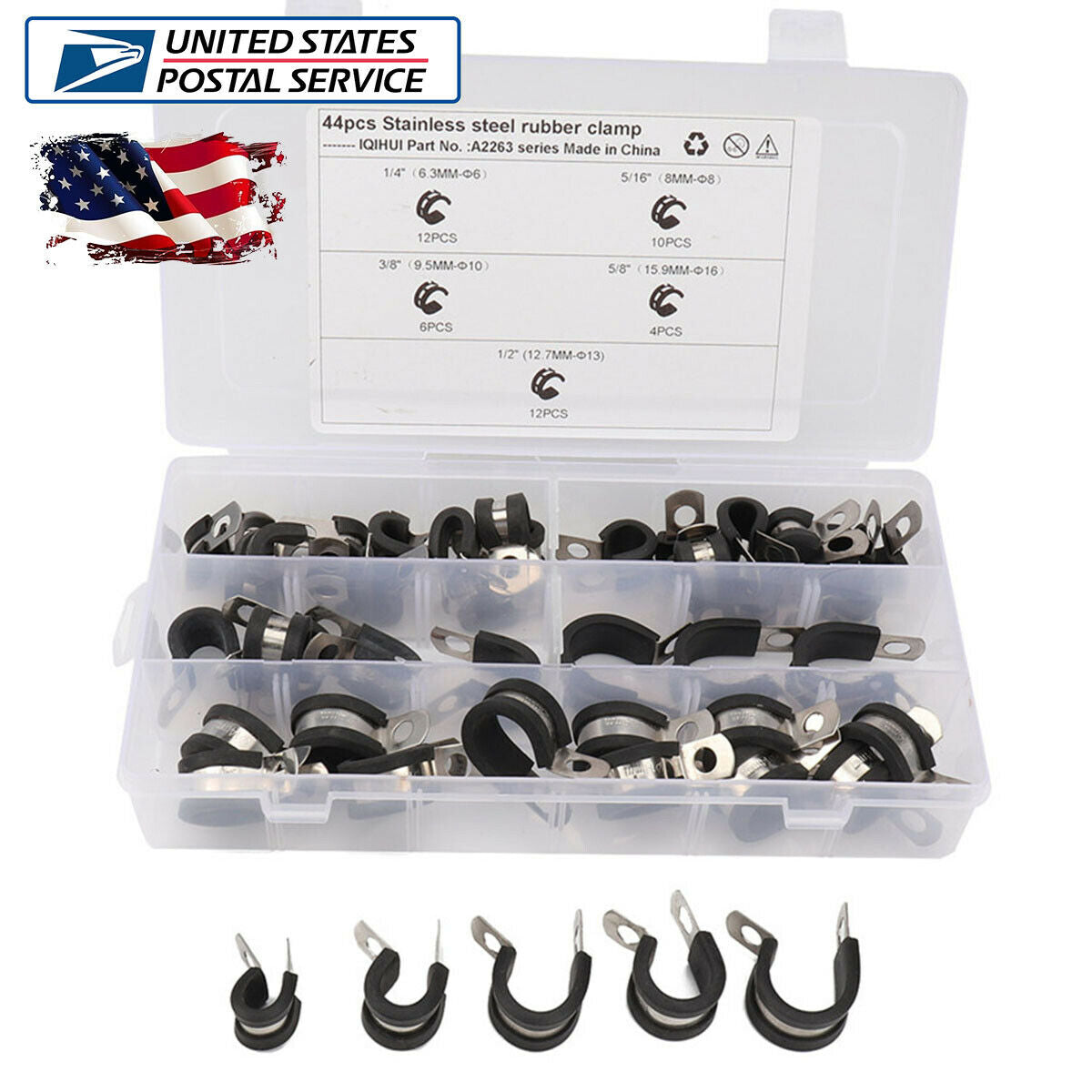 44* 5Size Cable Clamps Assortment Kit Stainless Steel Rubber Cushion Pipe Clamp