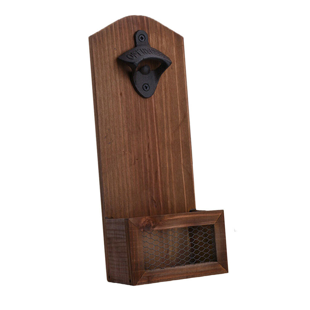 Bar Rustic Wooden Retro Wall Hanging Bottles Opener W/   Catcher Holder