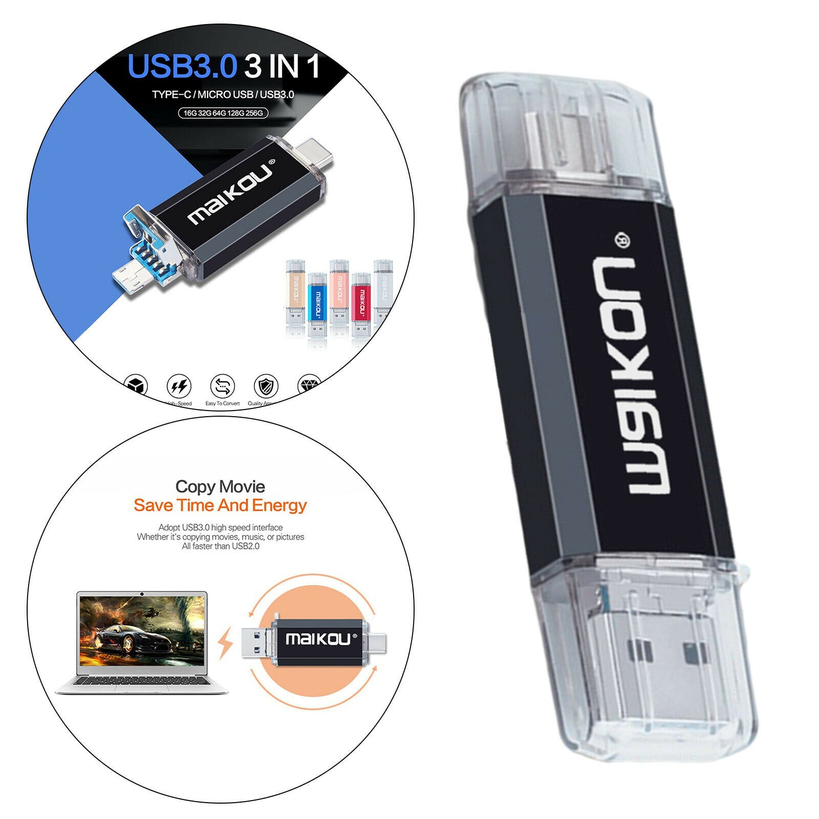 256GB USB Flash Drive Type-C&Micro USB Memory Stick for Phone PC Black