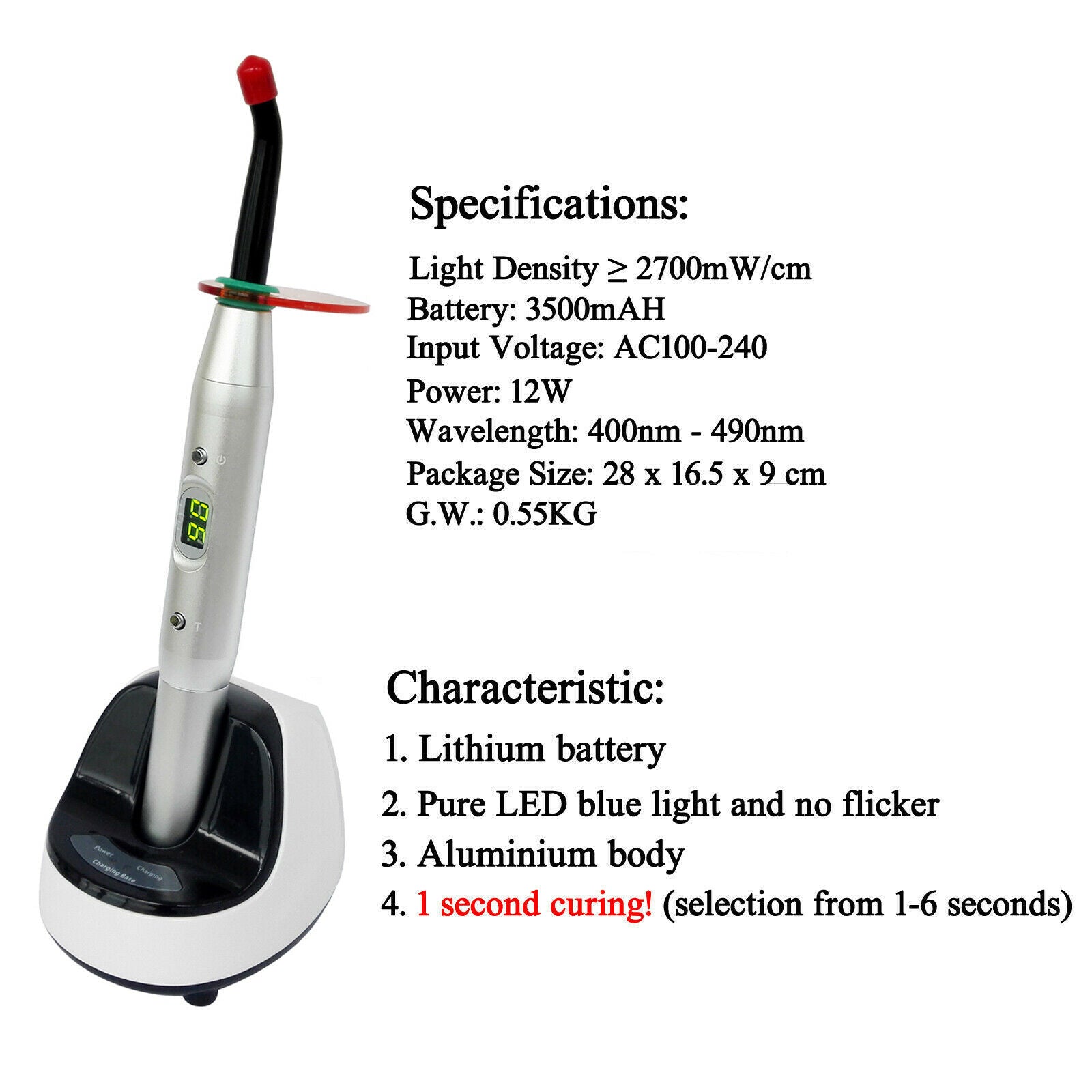 Dental Cordless LED Orthodontics Curing Whitening Lamp 12W 2700mw/cãŽ¡ Metal