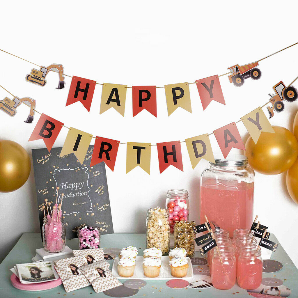 Happy Birthday Tractor Car Paper Bunting Banner Baby Shower Kids Room Decor