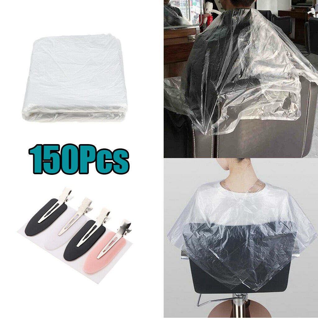150x 51x35 in. Clear Disposable Hair Cutting Capes & 4xClips Set Salon Gown