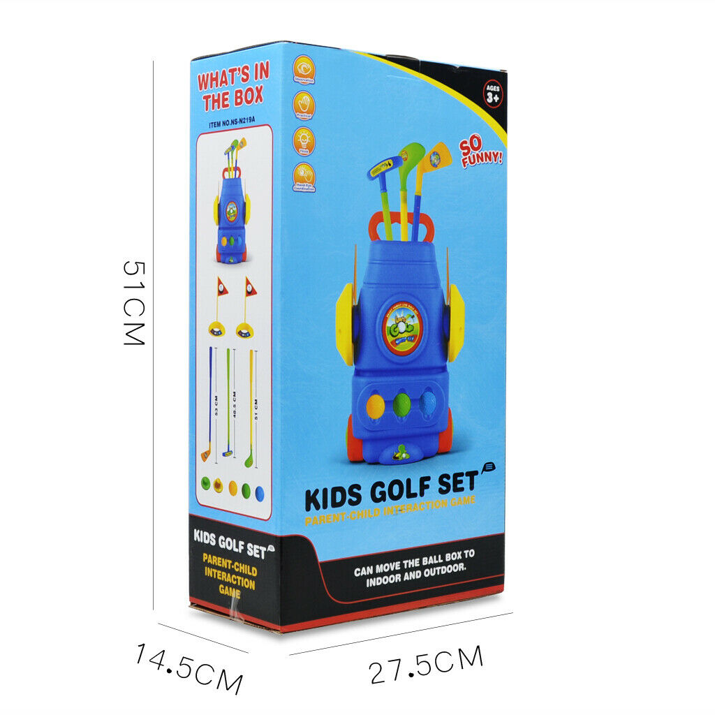 Kids Blue Golf Club Playset – Golf Cart with Wheels, 3 Clubs, 3 Balls and 2