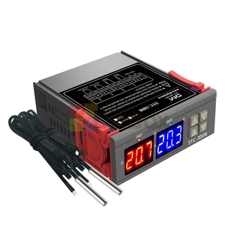 STC-3008 Dual LED Temperature Controller Thermostat+ NTC Probe 12V 24V 110-220V