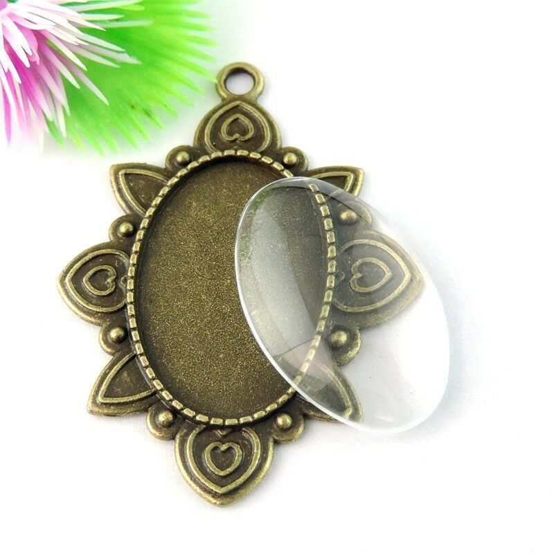 4 sets Bronze Alloy Lace Blank Bezel Frame with Glass Cabochon 30x20mm Pendant