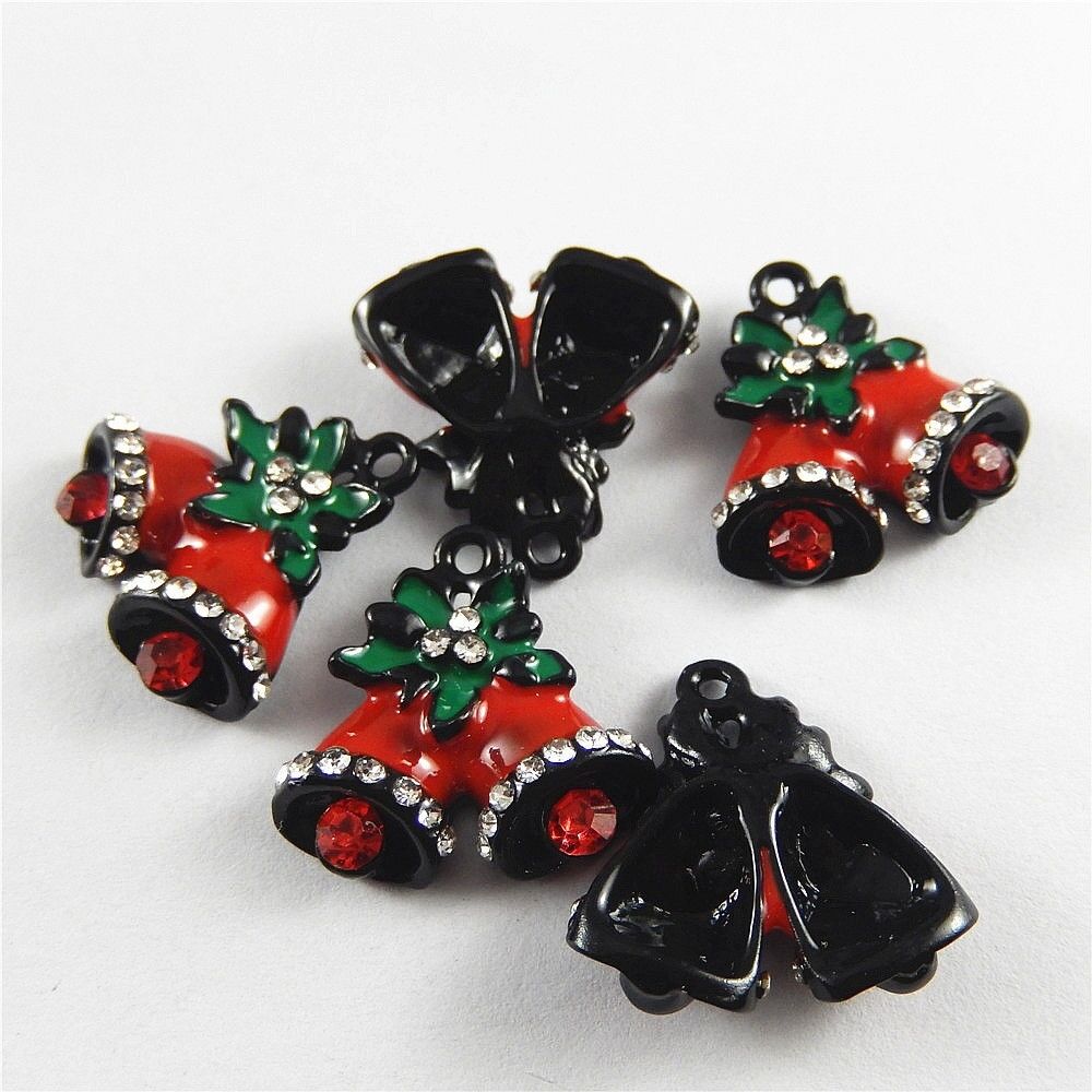 10 pcs Christmas Crystal Enamel Zinc Alloy Jingle Bell Charms Pendant Findings