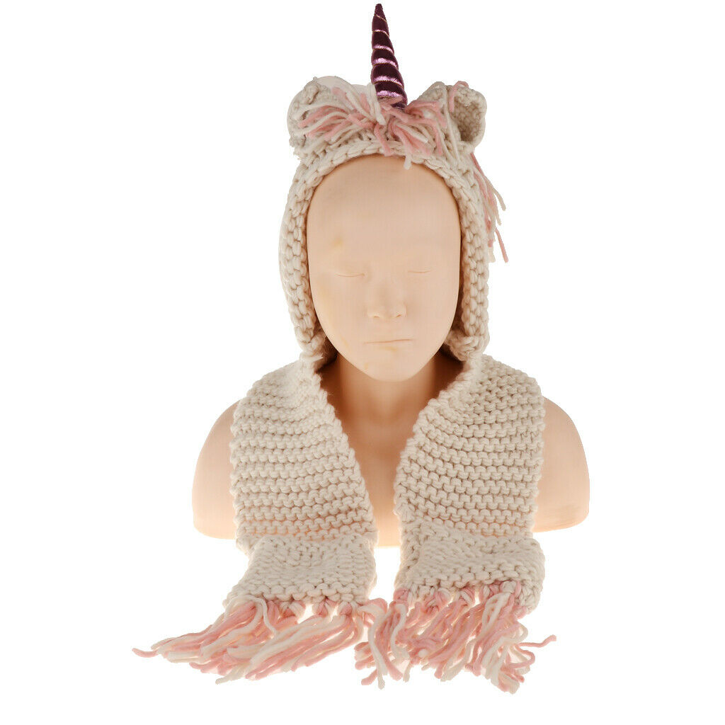 Unicorn Winter Hat with Scarf  Knitting Beanie - White, 2-6 Year Kids