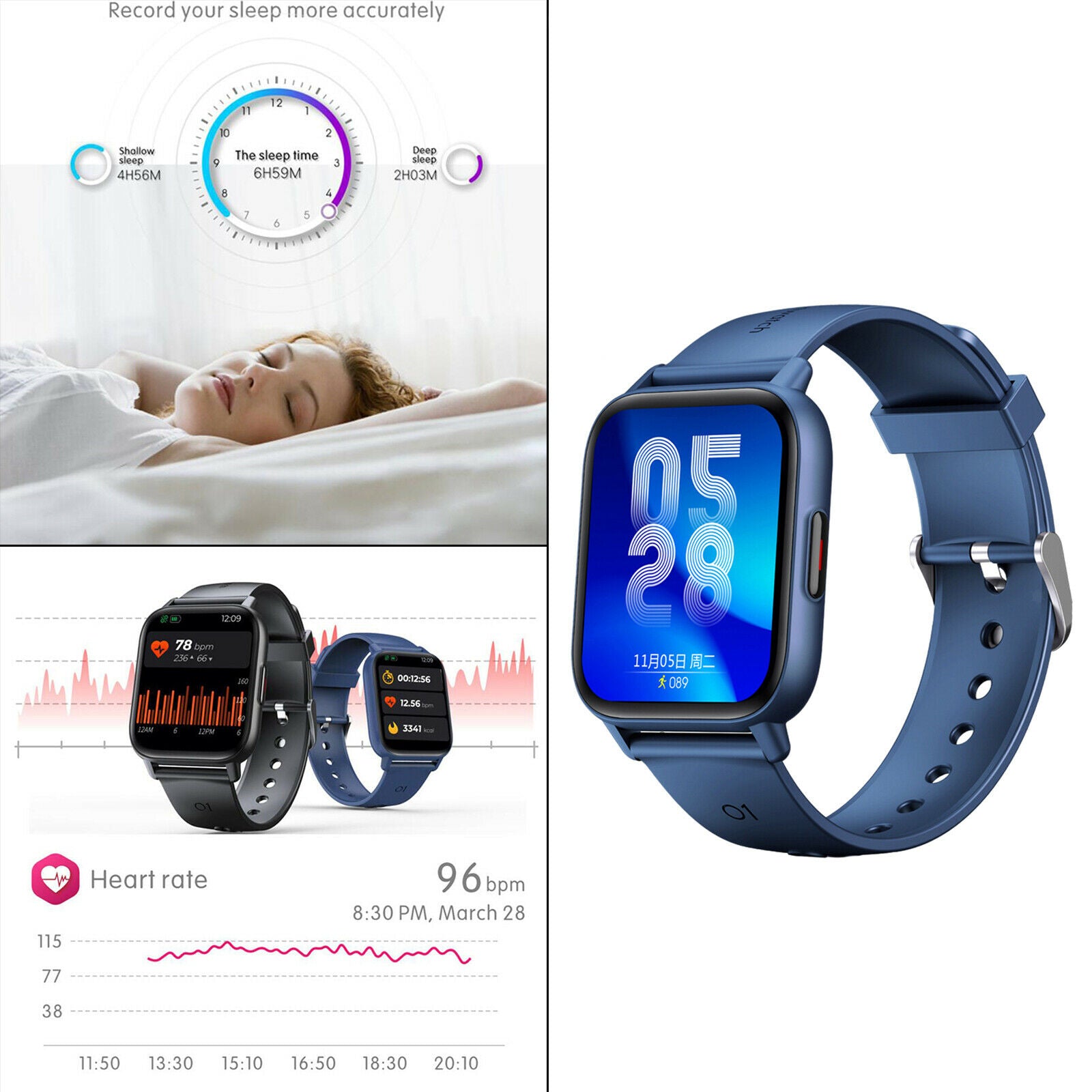 Sports Smart Watch Digital Rectangle Watches with Pedometer for Men blue