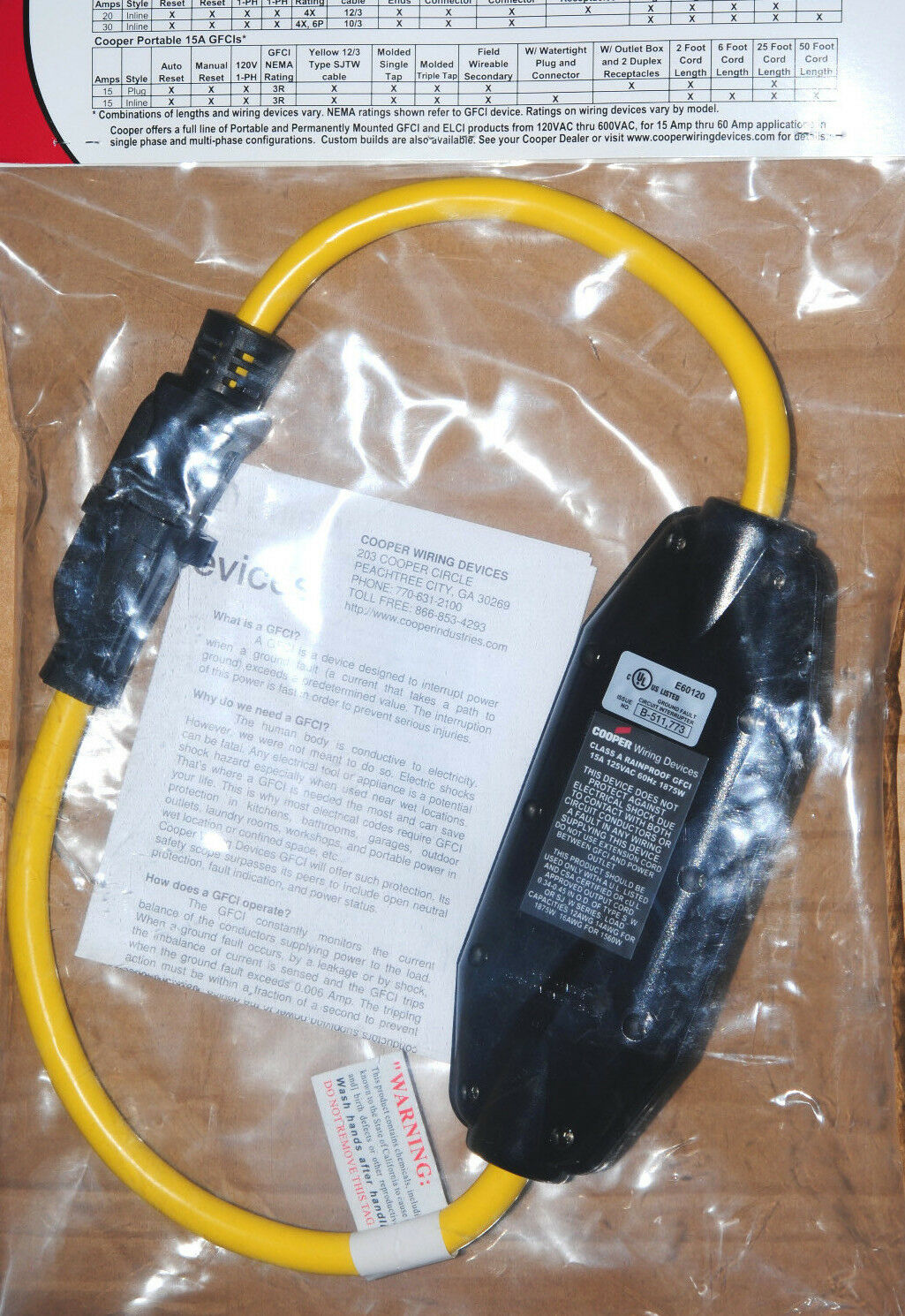 1pcs-COOPER Wiring GFI11M133 15A 120V Portable GFCI 2FT IN-LINE