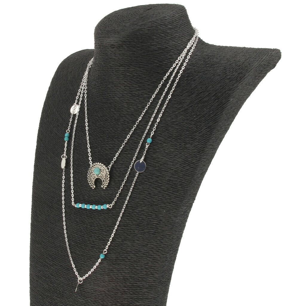 Retro Boho Turquoise Crescent Moon Pendant Multilayer Long Chain Necklace