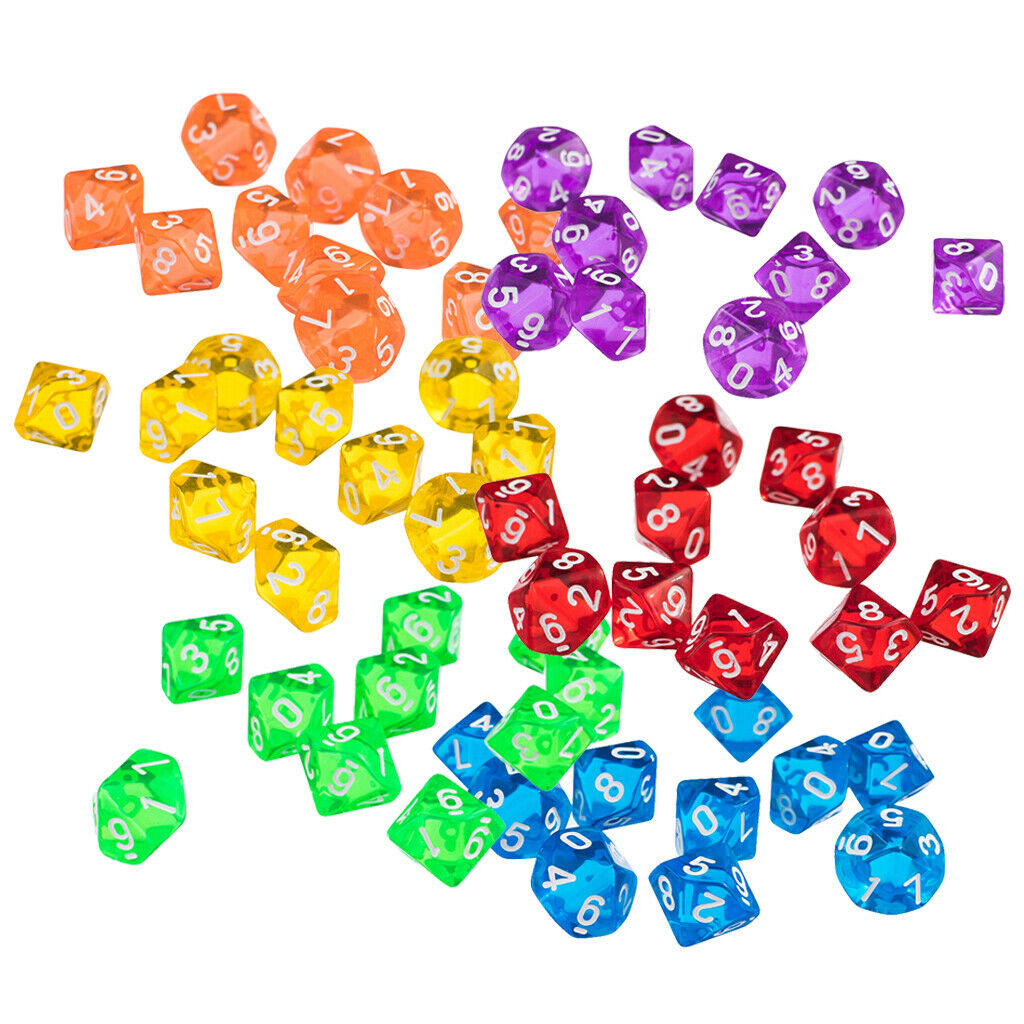 Lots 60 Acrylic Colors Ten Sided Dice 10-Die for DND TRPG KTV Fun Toys Prop