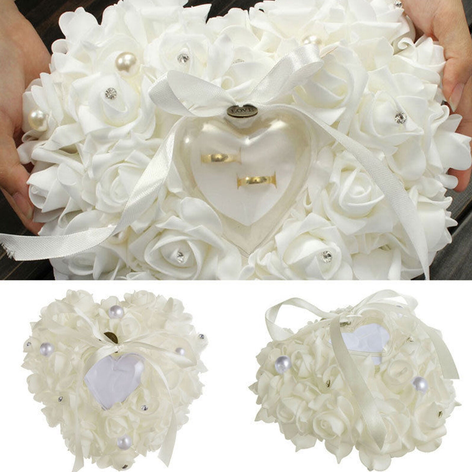 Wedding Ceremony White Satin Crystal Flower Ring Bearer Pillow Cushion Gifts