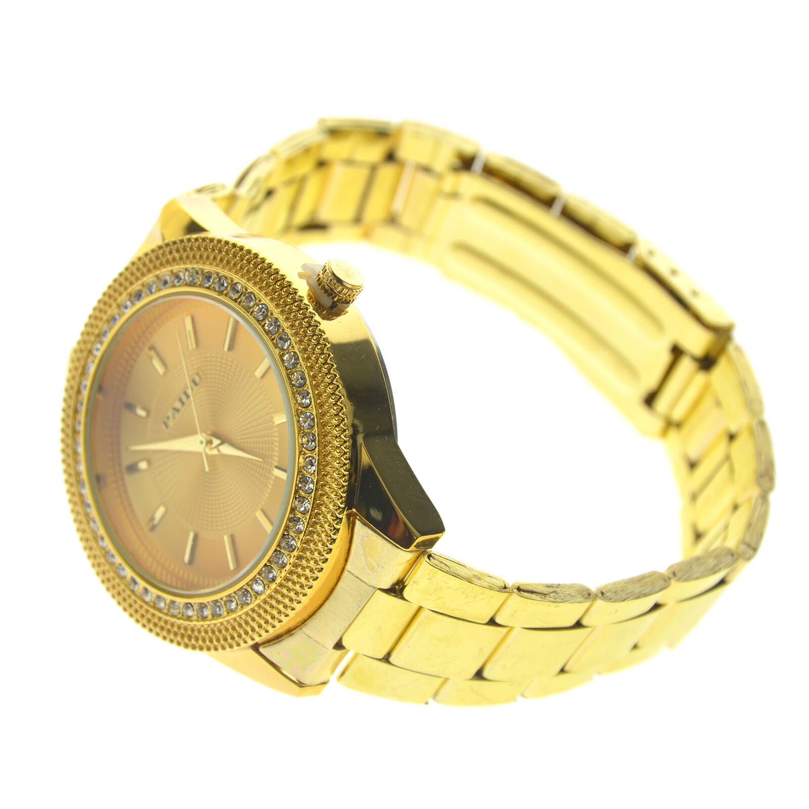 Luxury Mens Stainless Steel DATE DAY Rhinestone Crystal Steel Quartz Wrist Watch