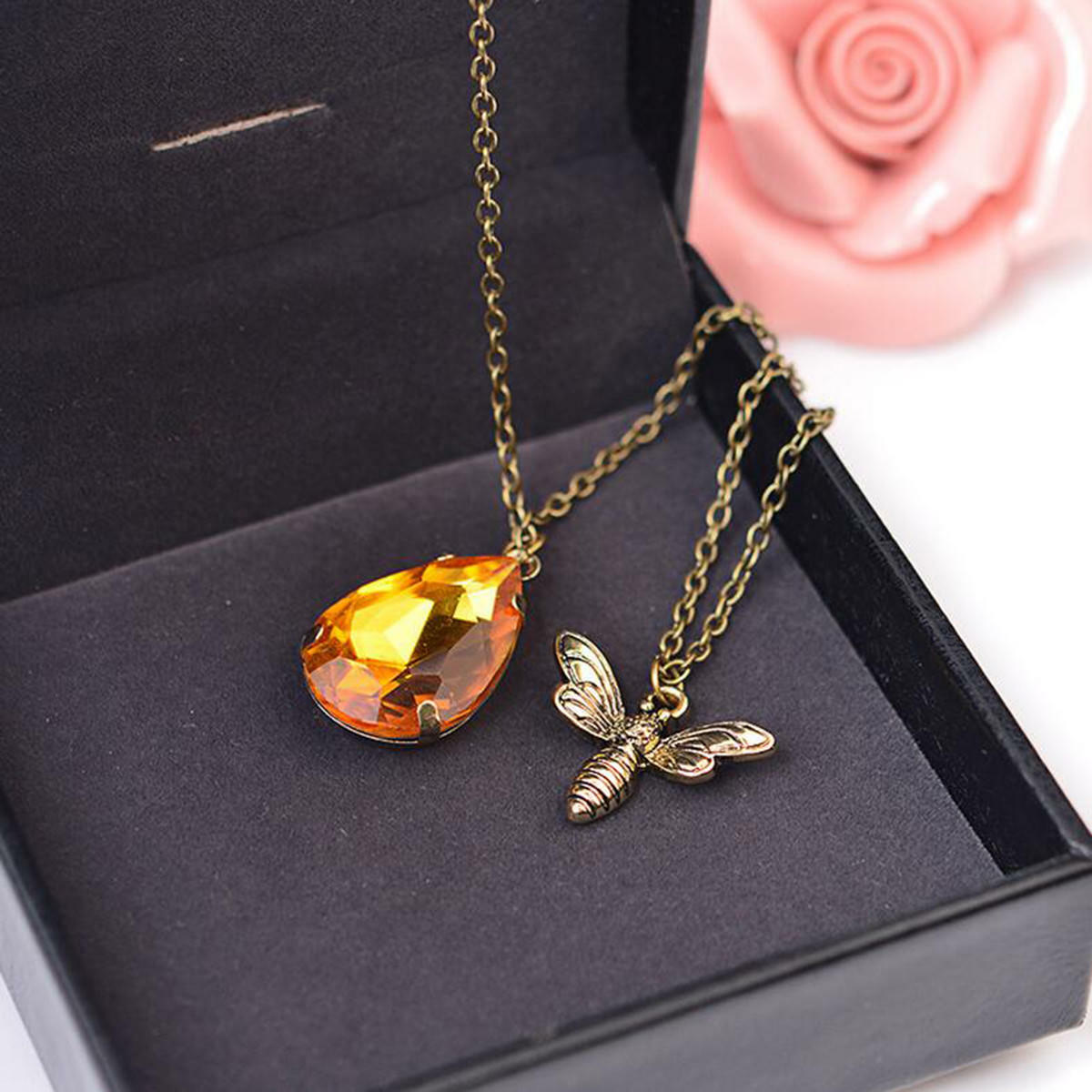 Sweet Bee And Honey Drop Necklace Brass Chain Bee Crystal Pendant Necklace Gift