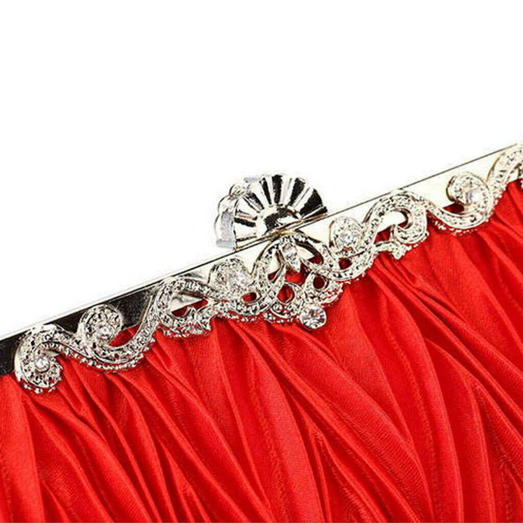 Satin Evening Handbag Shoulder Chain Bag Crystal Wedding Clutch Red