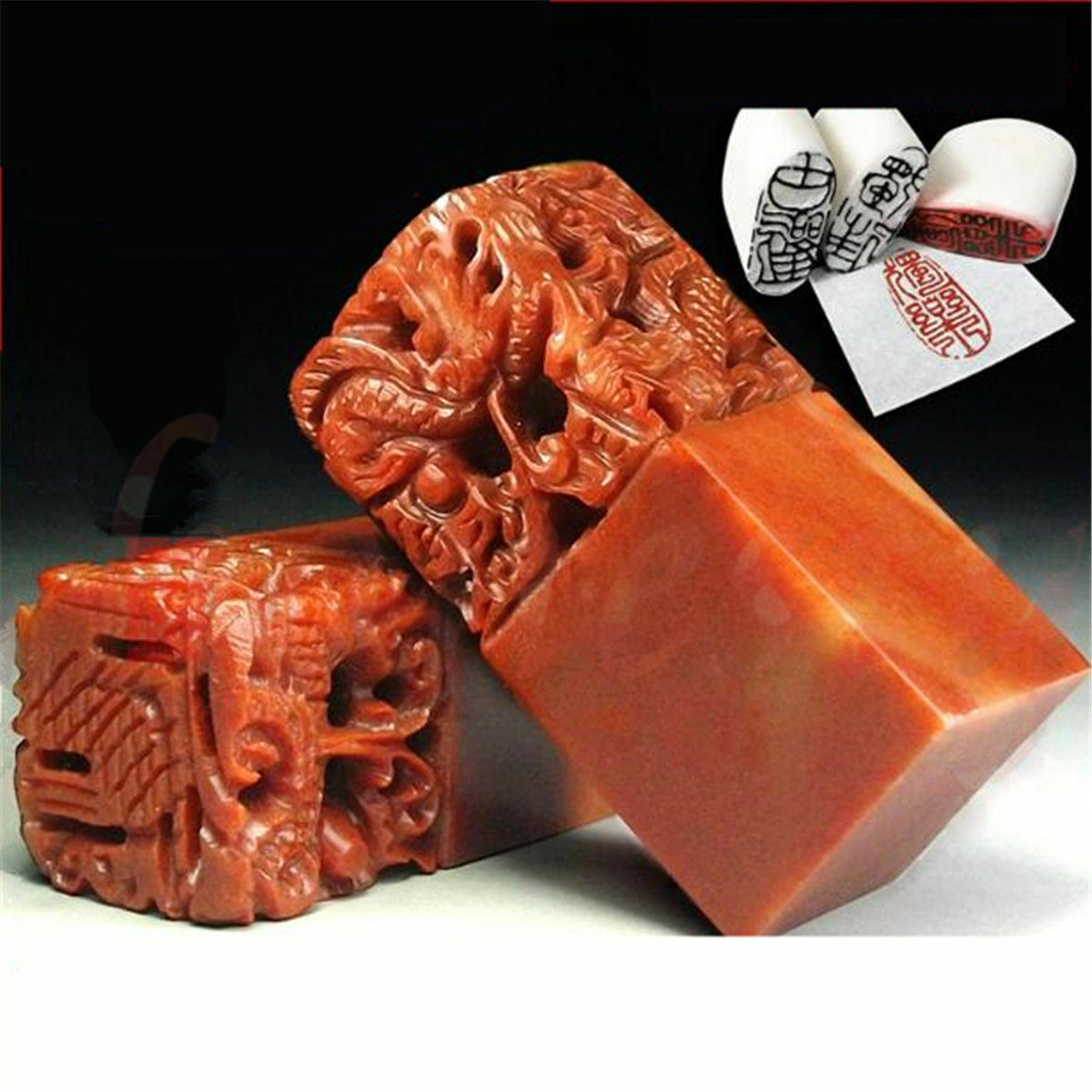 Chinese Traditional Five Dragons Scarlet Carving Sculpture Name Stone Jade Seal