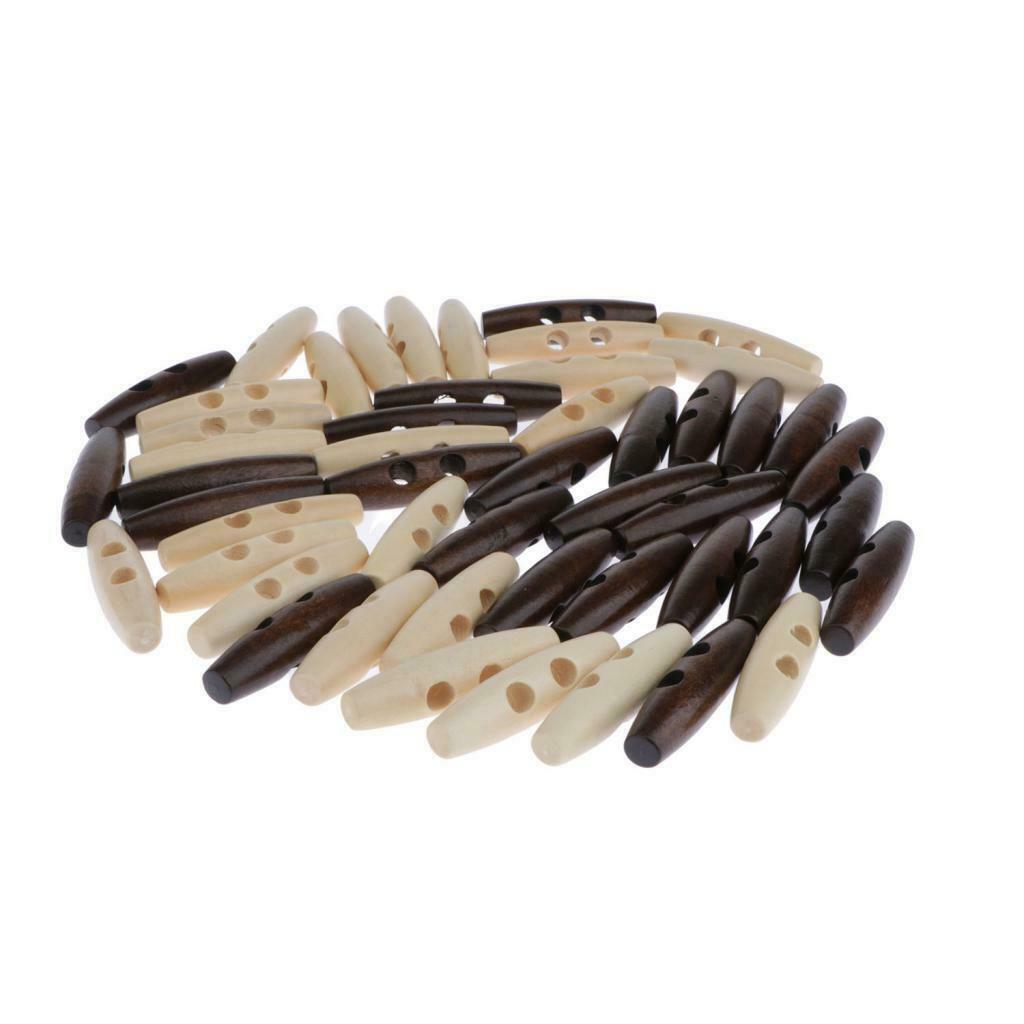 50Pcs Dark Coffee Beige Wood Toggle Buttons Horn Tooth Shape Two Holes For