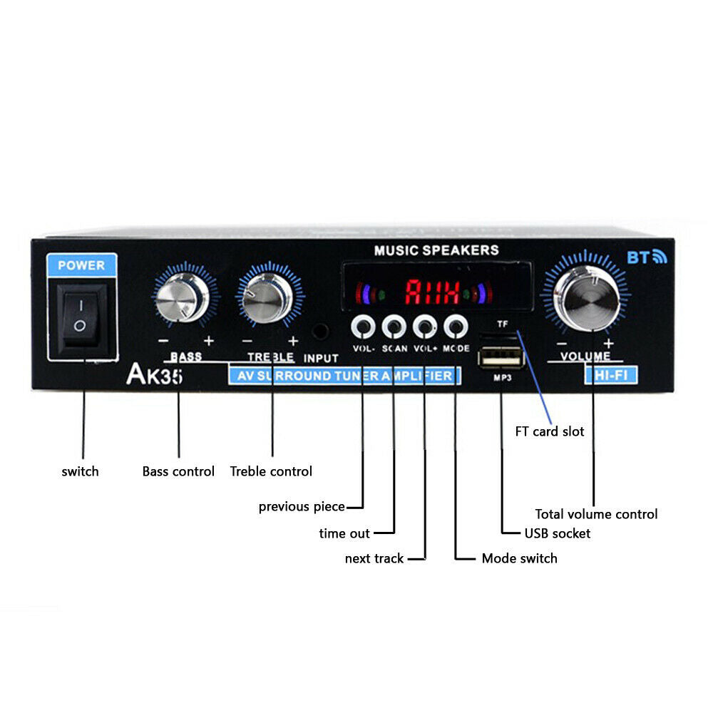 110V 12V 600W Bluetooth Power Amplifier Home Stereo 2CH AMP FM Radio SD USB A03