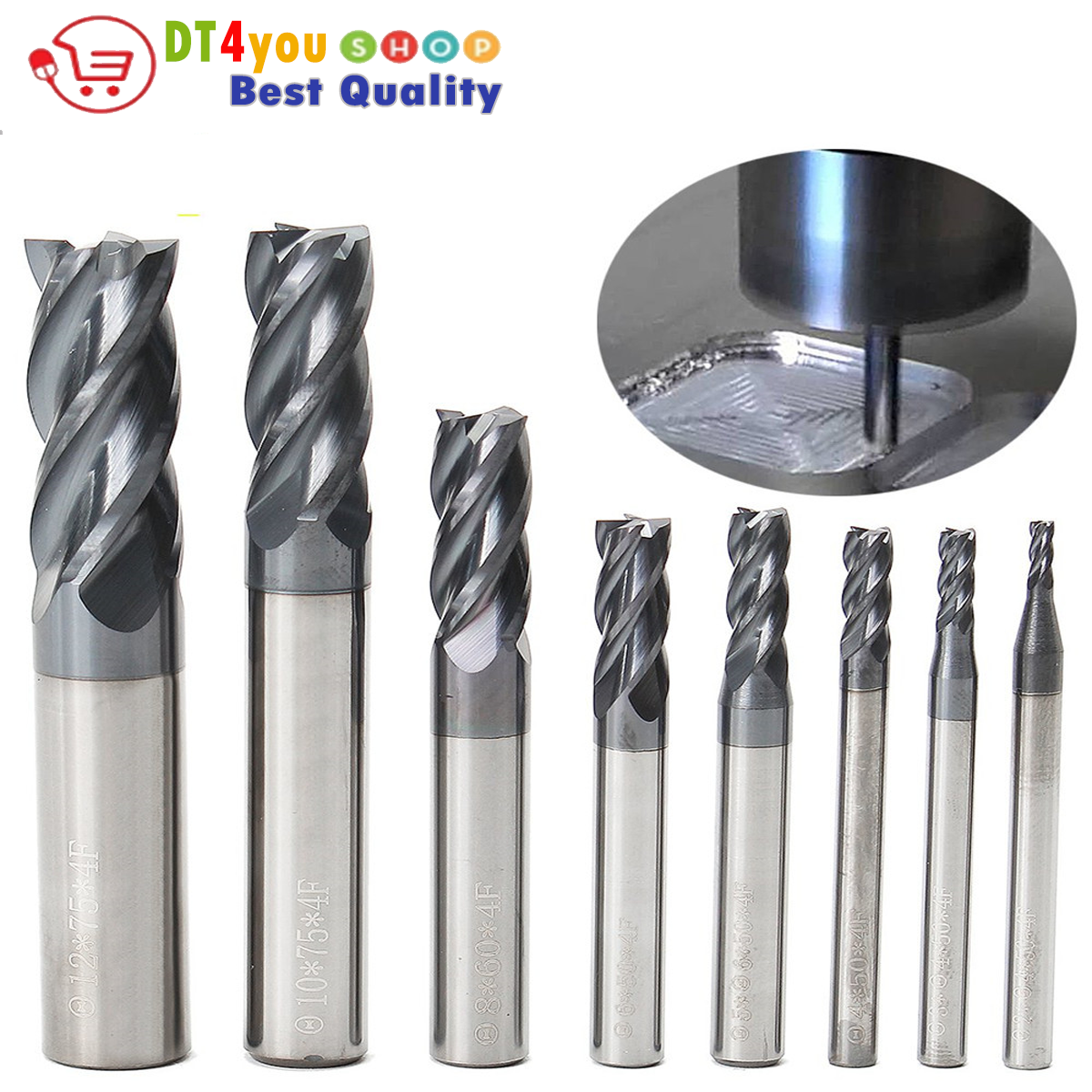 8pcs 2-12mm 4 Flutes Carbide End Mill Set Tungsten Steel Milling Cutter Tool