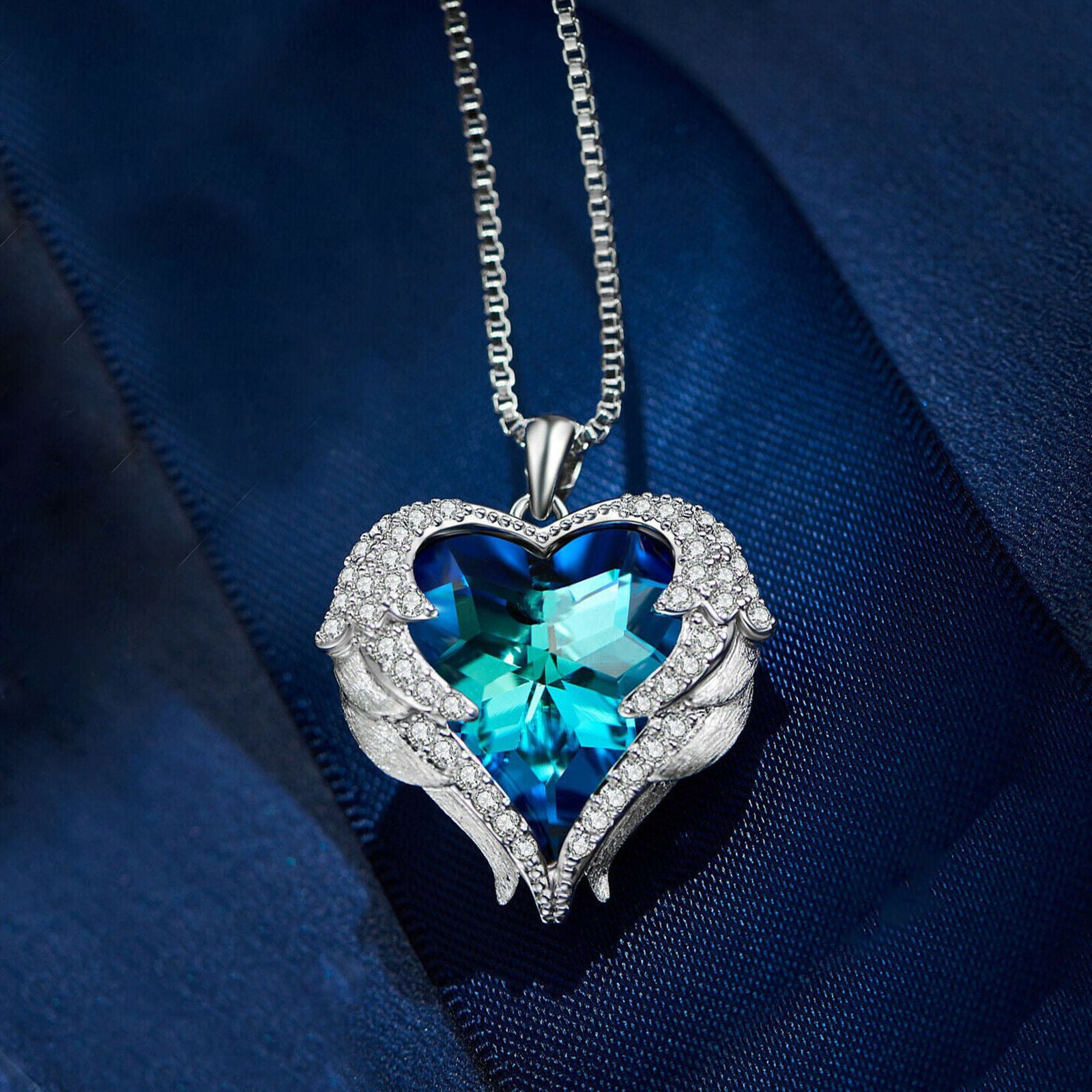 Angel Wings Blue Crystal Heart Pendant Necklace Austria Crystals