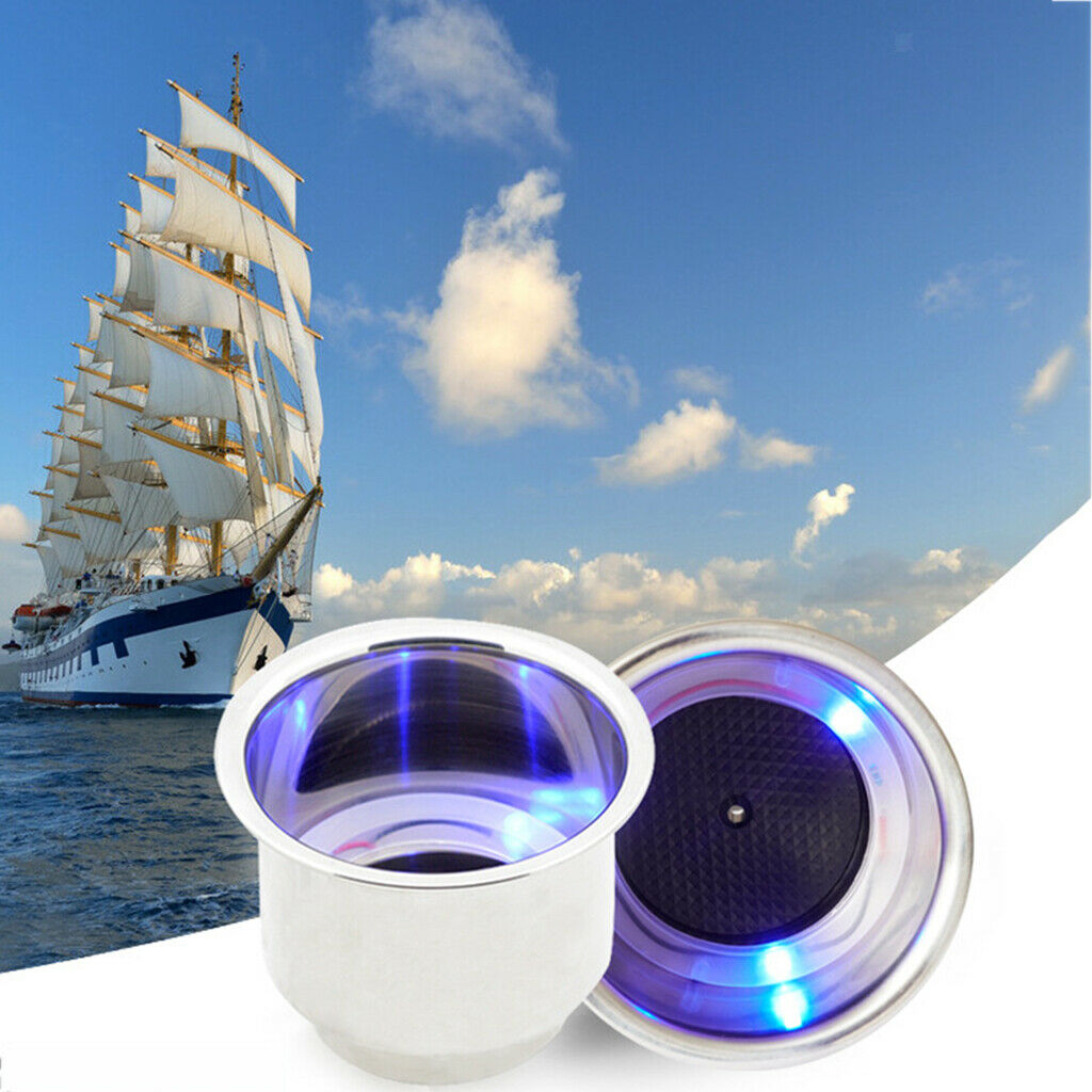 2pc 3LED Stainless Steel Cup Drink Holder w/ Drain LED Marine Boat Rv Camper