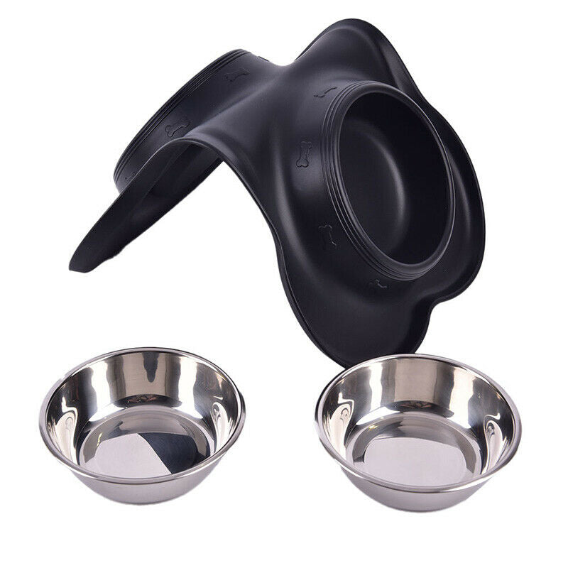 Pet Dog Double Feeder Bowl Stainless Steel Silicone Mat Food Water Bowl Set^DD