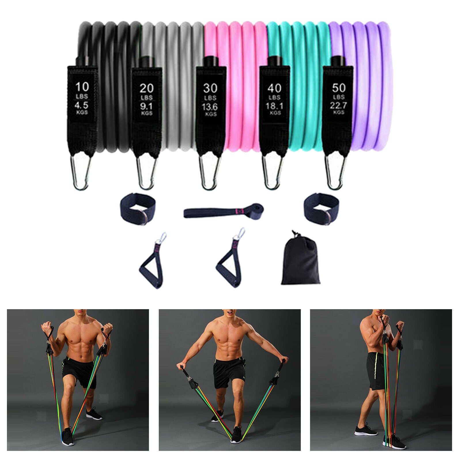 11 PCS Resistance Bands Yoga Gym Pilates Fitness Tubes Workout Men Women