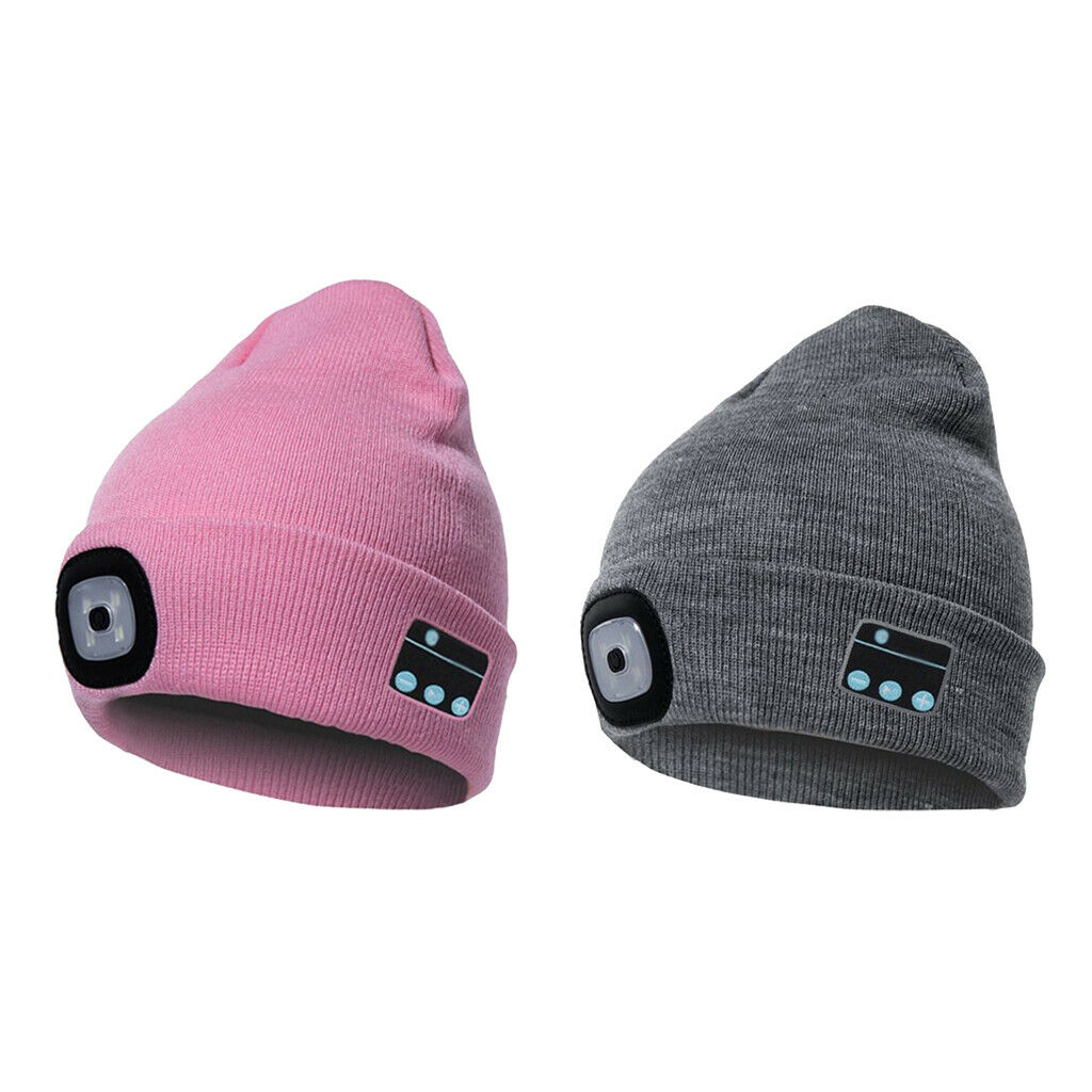 2Pcs Pink+Gray Unisex Bluetooth Beanie Hat Warm for Winter Outdoor Fitness