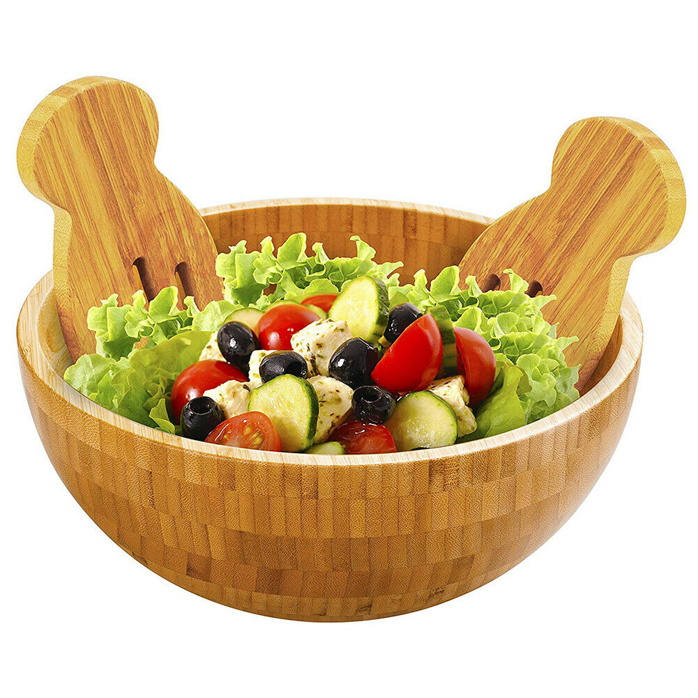 Bamboo Salad Bowl Round Serving Bowl Natural Wood Dishware for Fruit Snacks