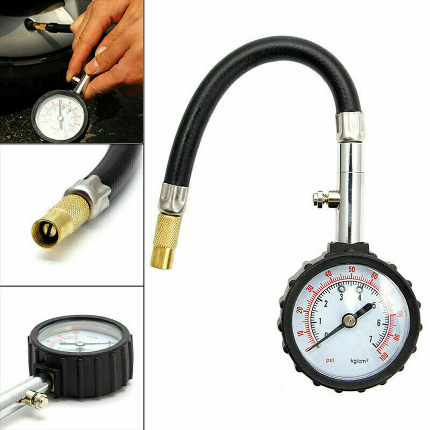 Motorcycle Tire Pressure Gauge 0-100 PSI Tire Gauge with Flexible Air Chuck
