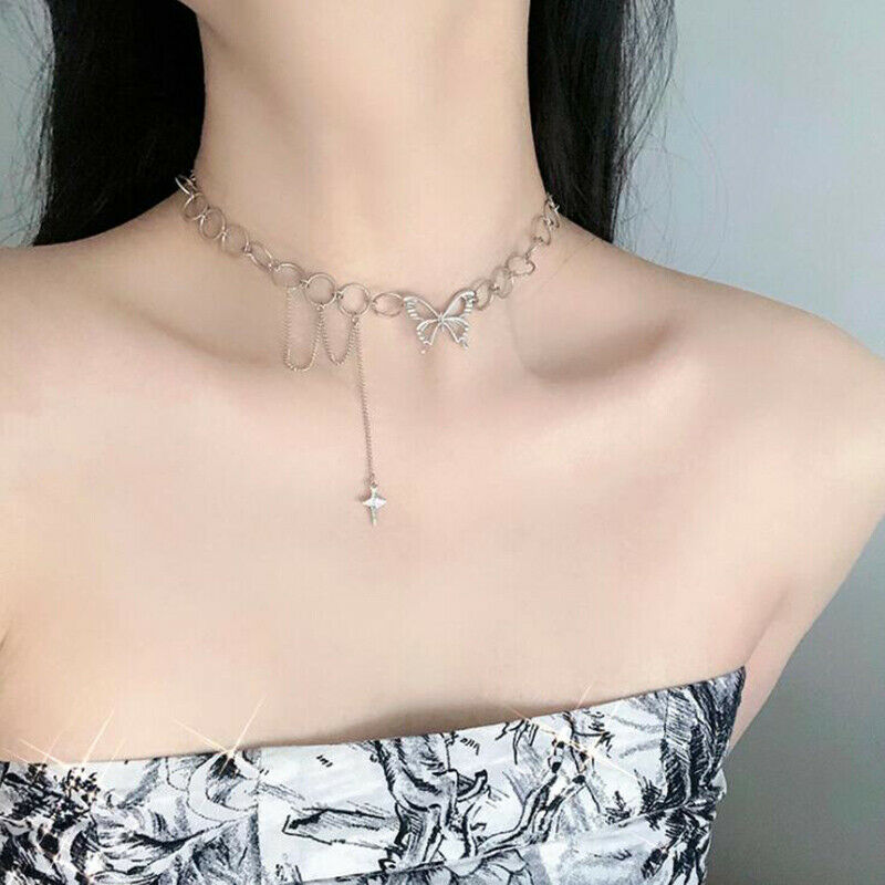 Punk Butterfly Necklace Women Gothic Chain Tassel Choker Jewelry Accessor.l8