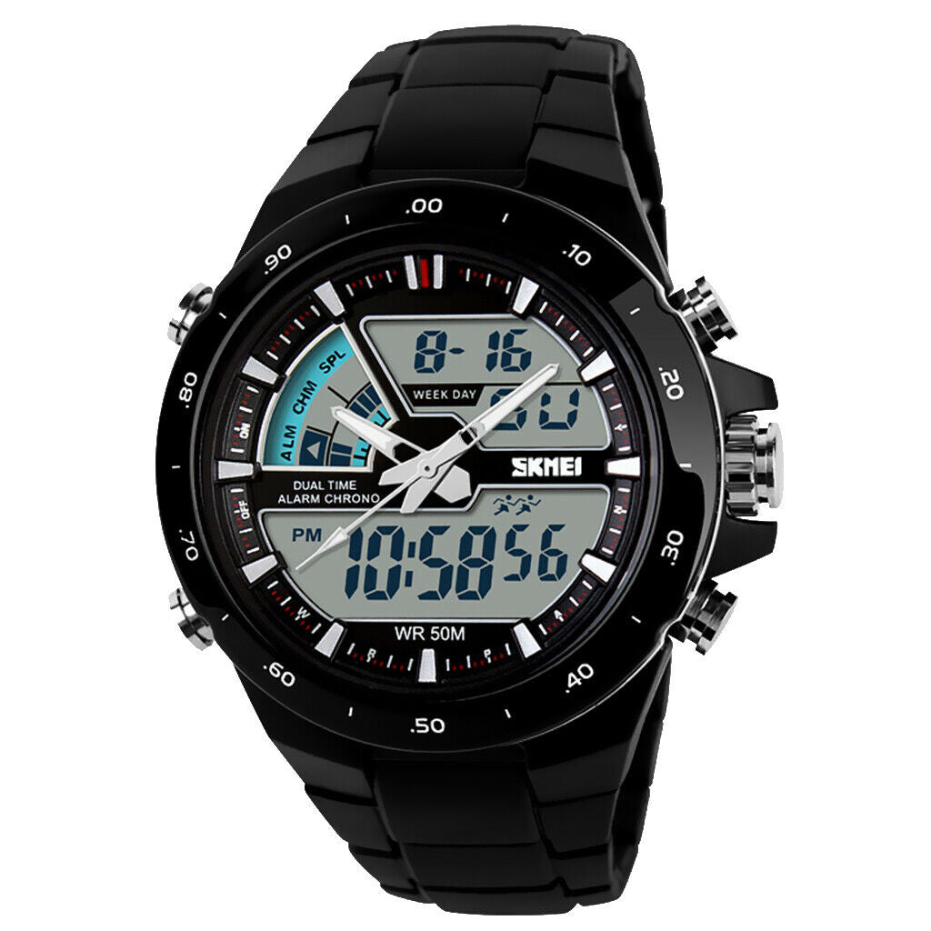 Unisex Sports Watch Dual Time Led Light 50M Waterproof Light Black and White