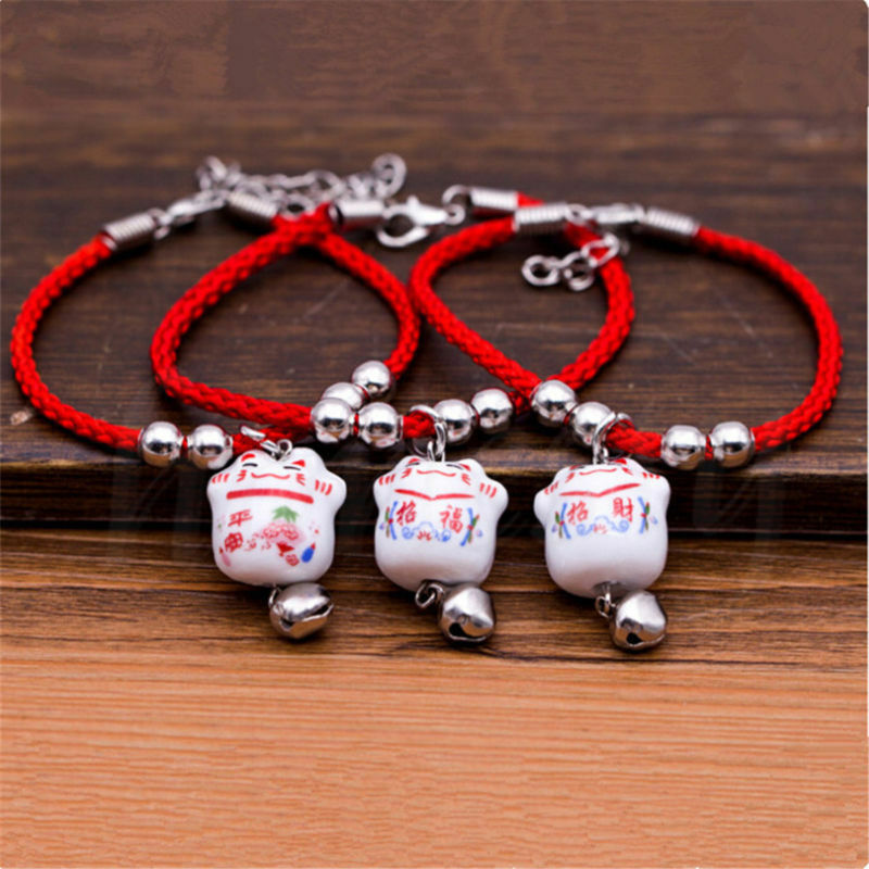 10PCS Lucky Ceramic Fortune Cat Red Rope Bracelet Pendant Fengshui Blessing Gift