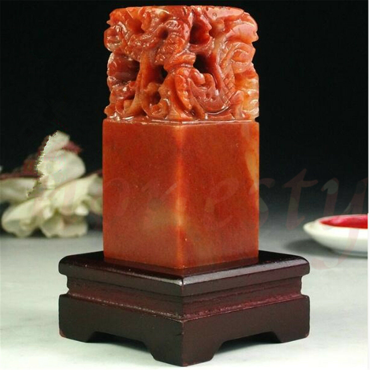 Chinese Traditional Five Dragons Scarlet Carving Sculpture Name Stone Jade Seal