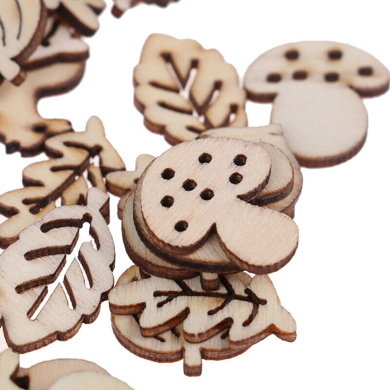 50x Mixed Wooden Craft Squirrel Leaves Mushroom Shape Hedgehog Decoration.l8