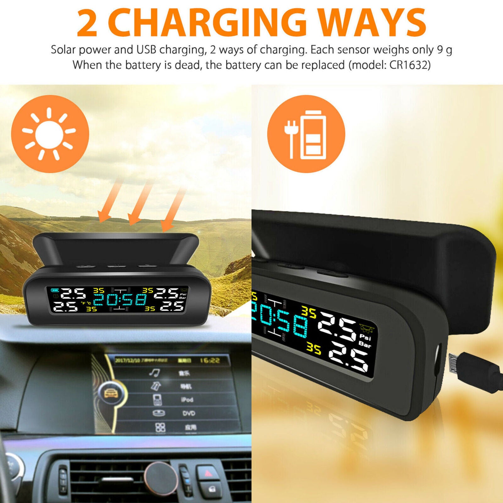 Wireless Solar TPMS LCD USB Car Tire Pressure Monitoring System 4External Sensor