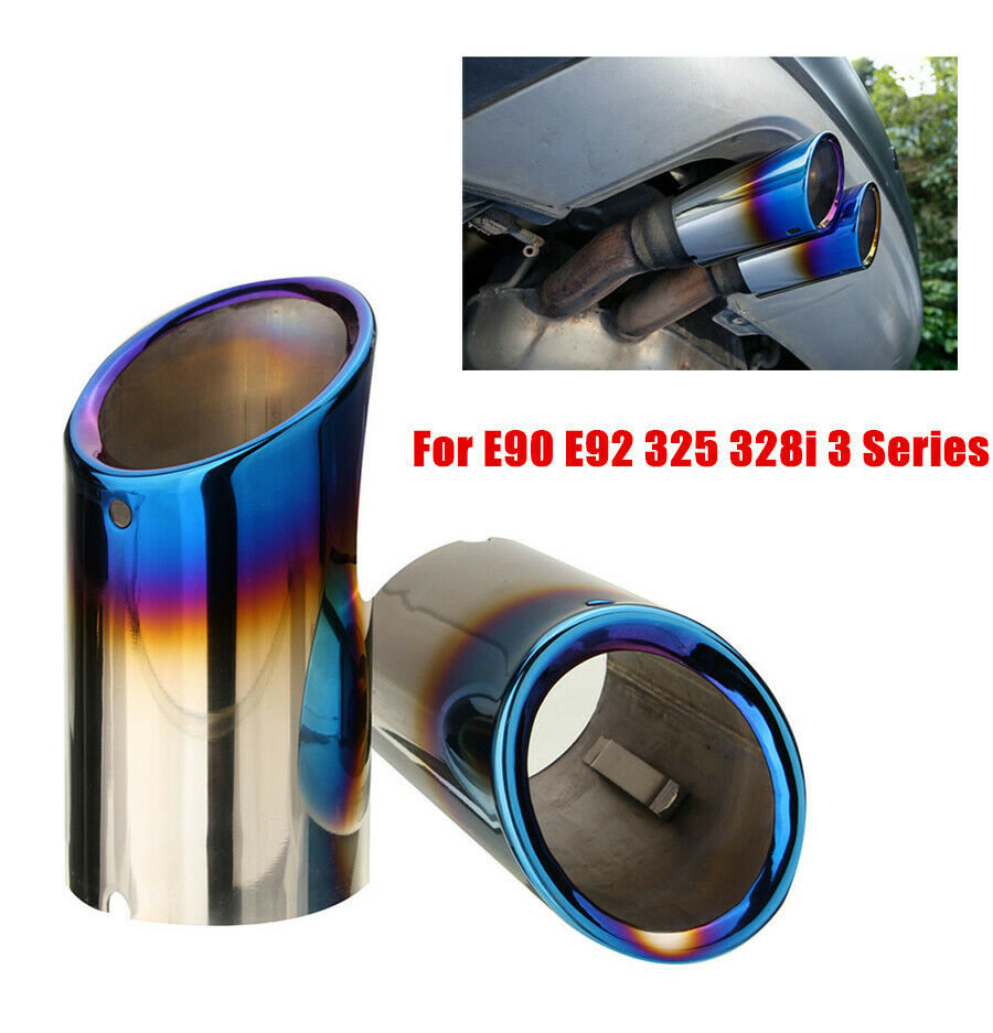 Pair Car Tail Exhaust Tip Pipes Grilled Blue For BMW E90 E92 325 328i 3 Series