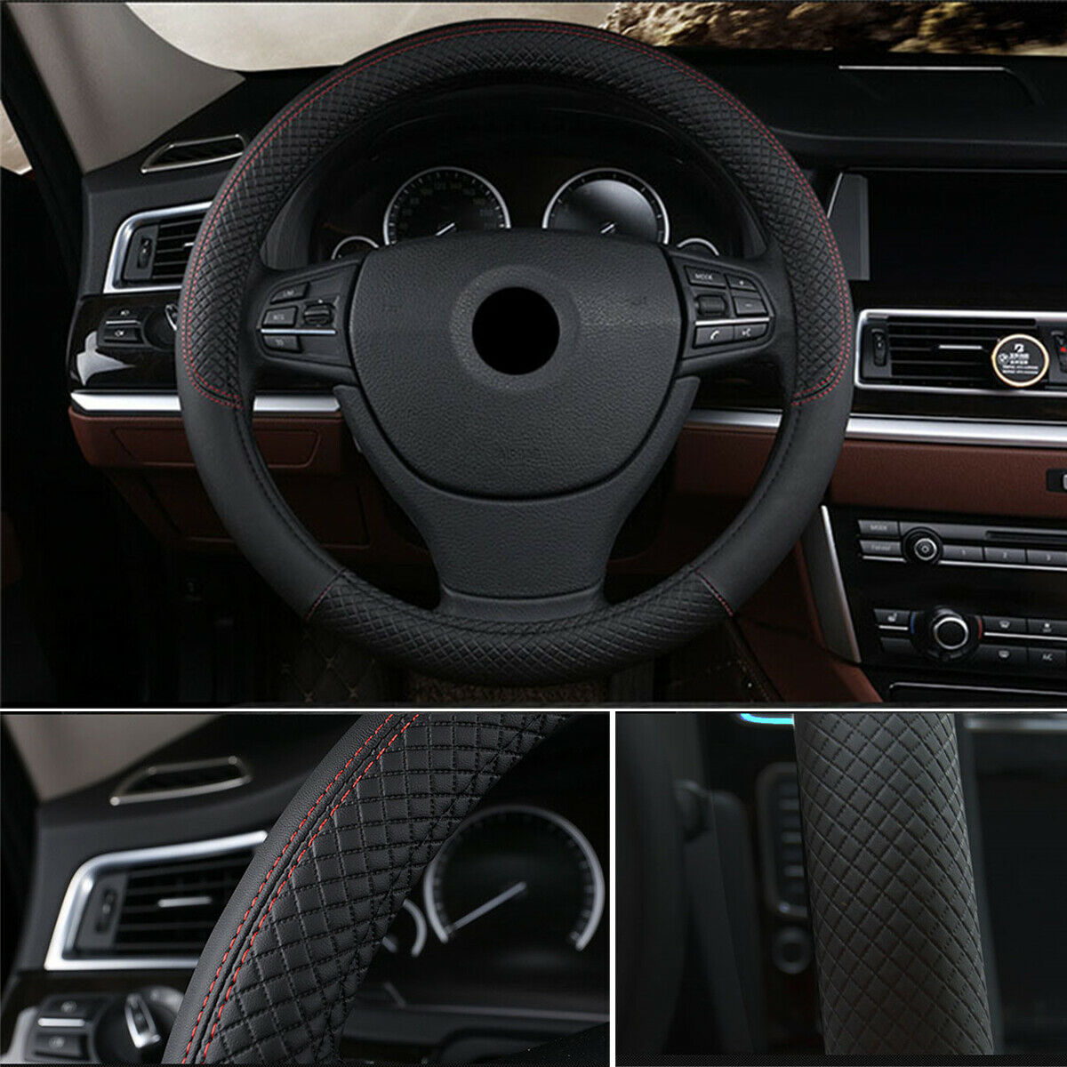 15''/38cm Car Steering Wheel Cover PU-Leather Breathable Anti-slip Black& red