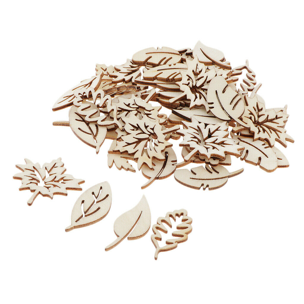 50Pack Hollow Leaves Wooden Pieces Scrapbooking Wood Chip DIY Art Hobbies